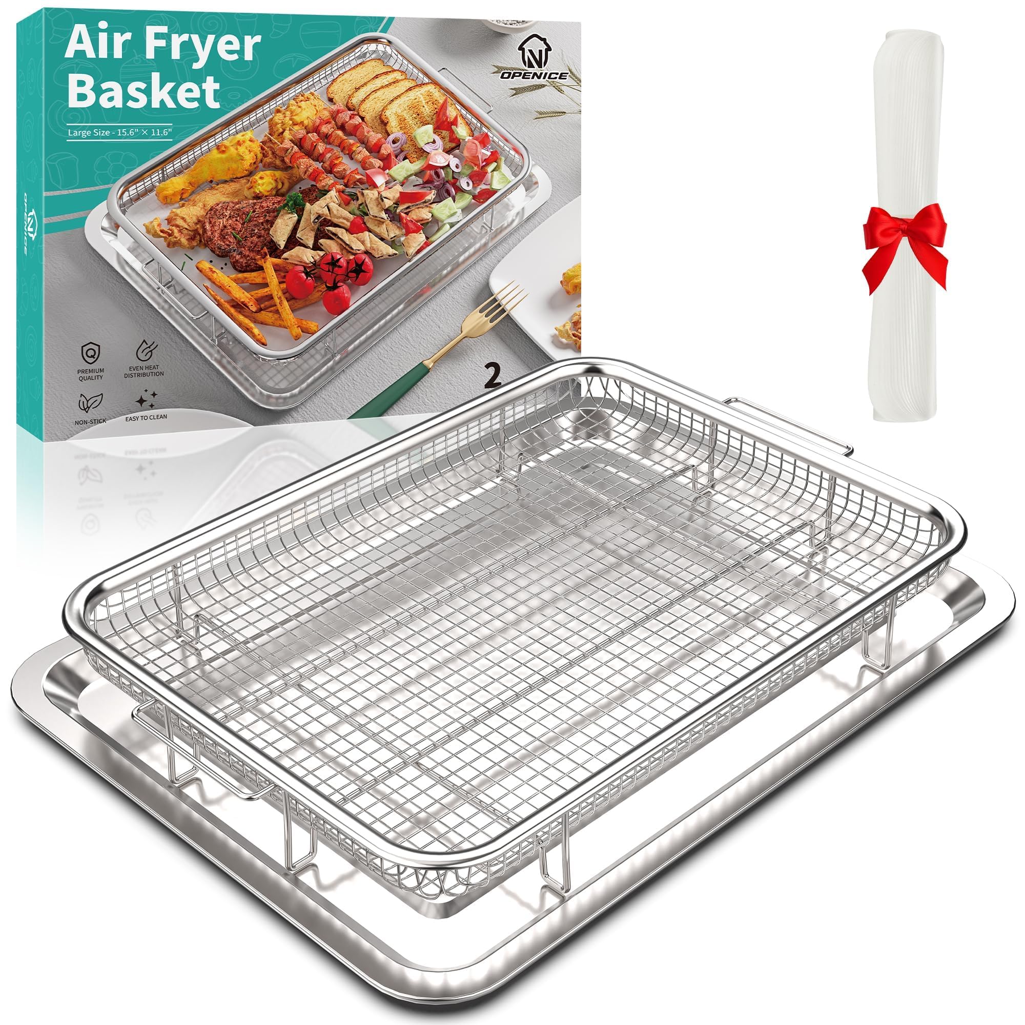 Air Fryer Basket, OPENICE 2 Set Air Fryer Pan and Crisper Tray for Oven, Non-stick Oven Air Fryer Basket for Baking and Crispy Foods - Black