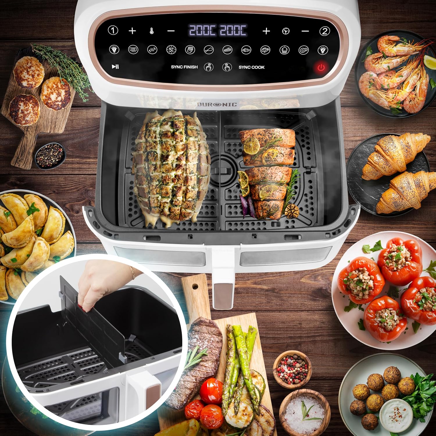 Duronic XXL Air Fryer AF34 WE 10L Digital Family Size Air Fryers Oil Free Triple Drawers 10in1 Dual Zone Extra Large AirFryer for Family Cooking with Dishwasher Safe Non-Stick Baskets White
