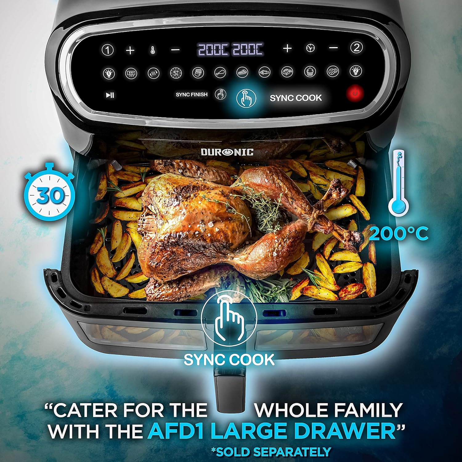 Duronic Twin Air Fryer AF24 10L Digital Large Air Fryer Dual Basket Visual Window 2400W Sync Cook Sync Finish 10 Presets Quick Cook Dishwasher Safe Oil-Free Healthy Cooking Family Size Multi Cooker