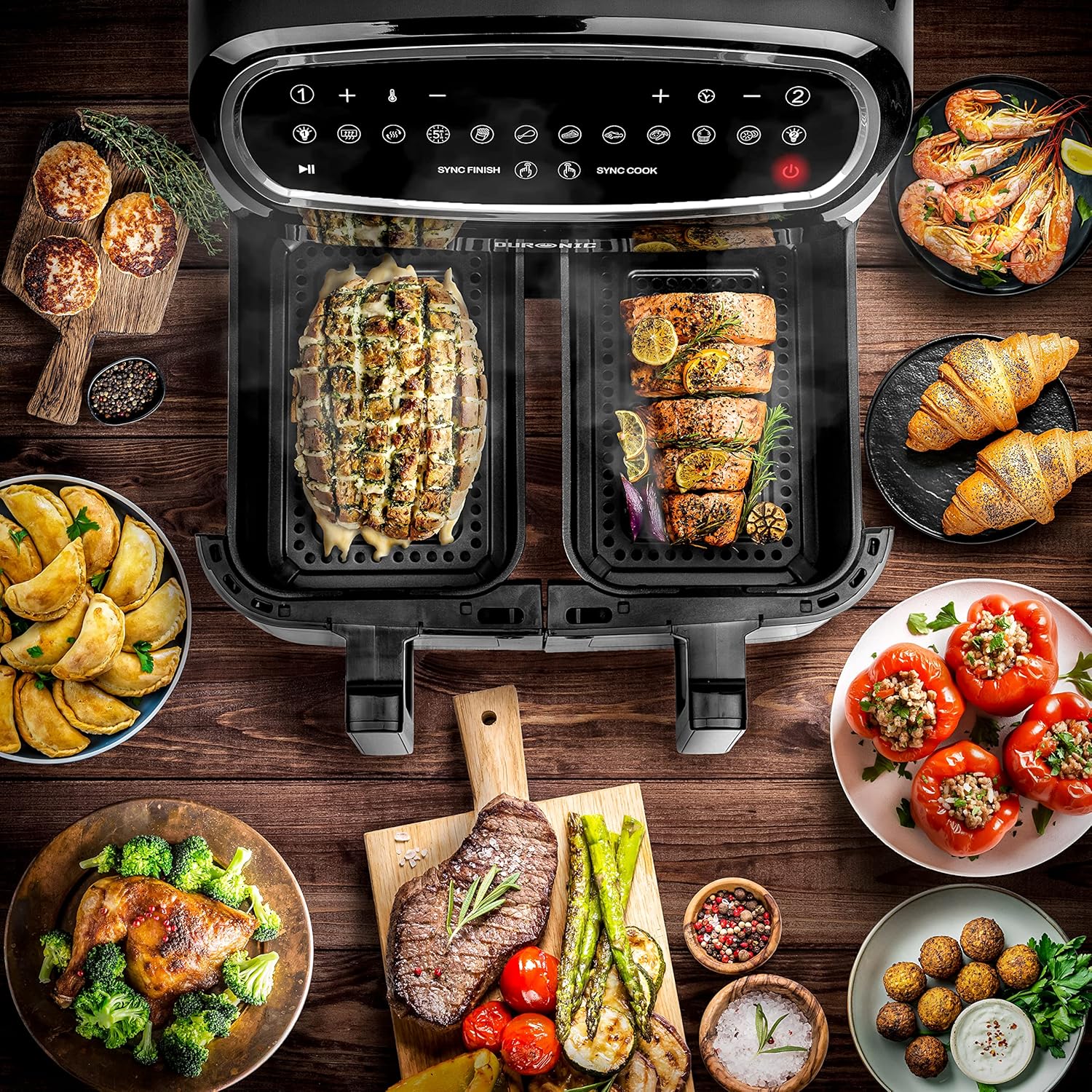Duronic Twin Air Fryer AF24 10L Digital Large Air Fryer Dual Basket Visual Window 2400W Sync Cook Sync Finish 10 Presets Quick Cook Dishwasher Safe Oil-Free Healthy Cooking Family Size Multi Cooker