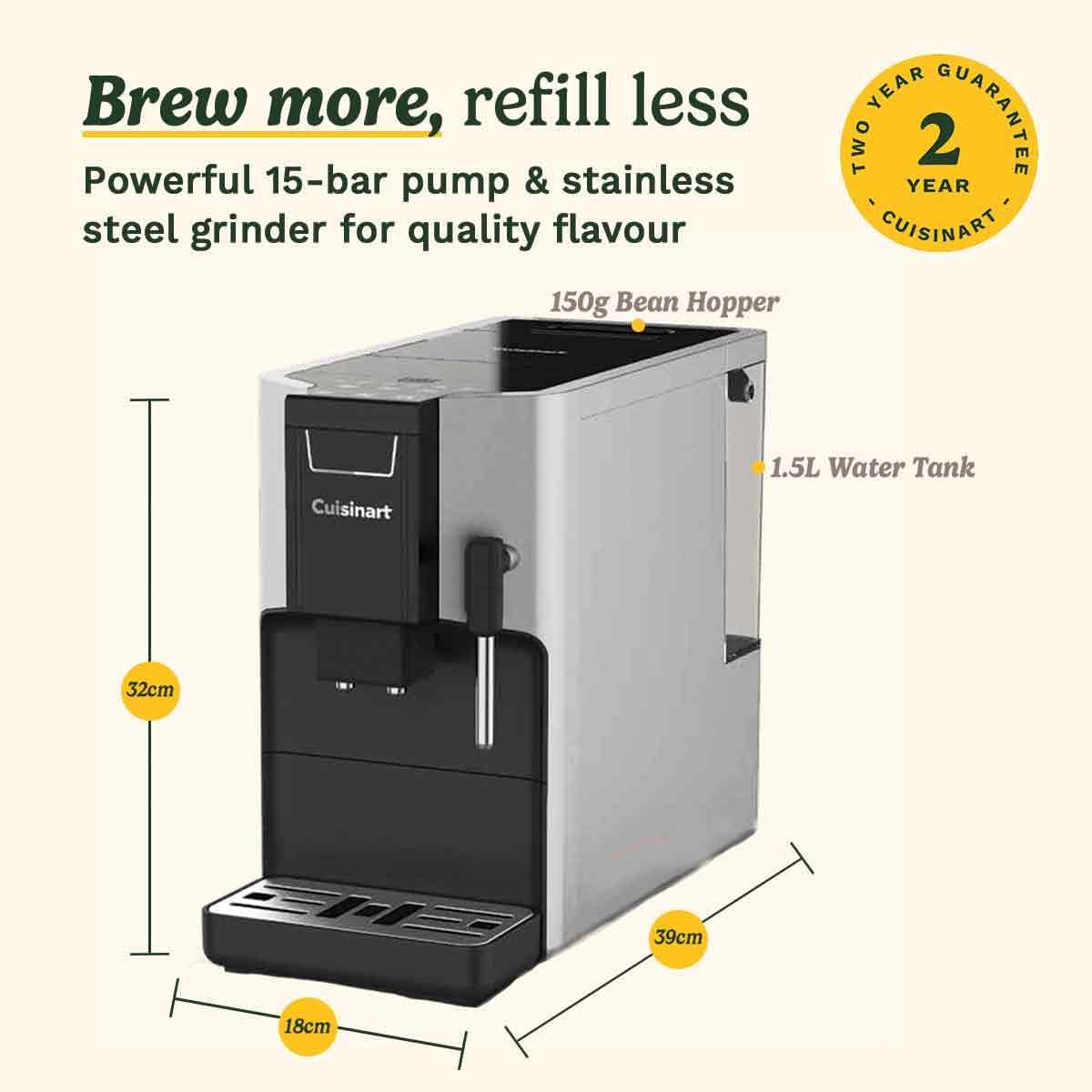 Cuisinart Fully Automatic Coffee Machine | 4 one touch coffee options | Espresso, Americano, Cold Brew | Integrated milk frother for Lattes and Cappuccino | Bean to cup