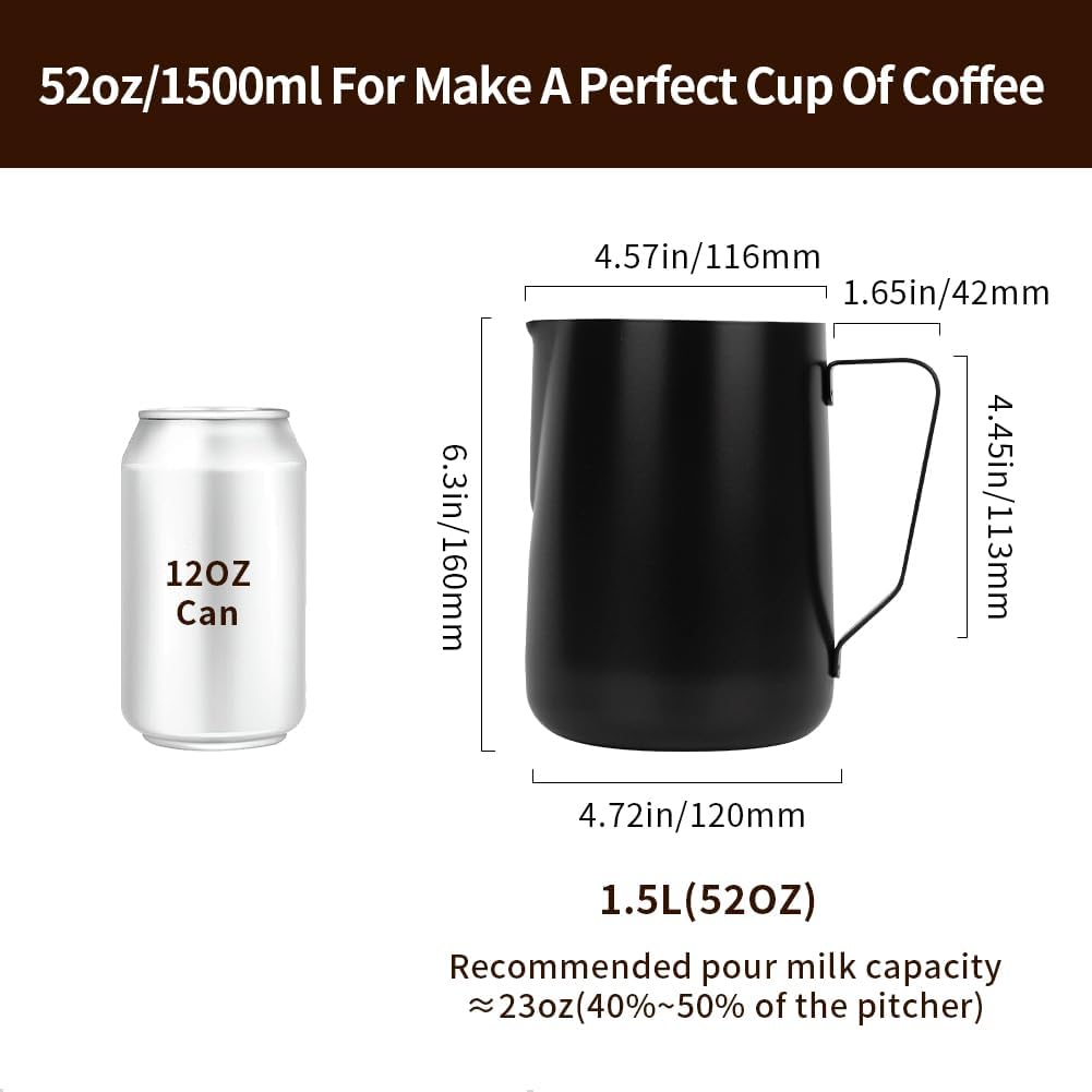 watchget Milk Frothing Pitcher 52oz/1500ml - Stainless Steel Espresso Steaming Pitcher for Cappuccino, Latte Art, Coffee Machine Accessories Milk Jug Frother Cup, Black