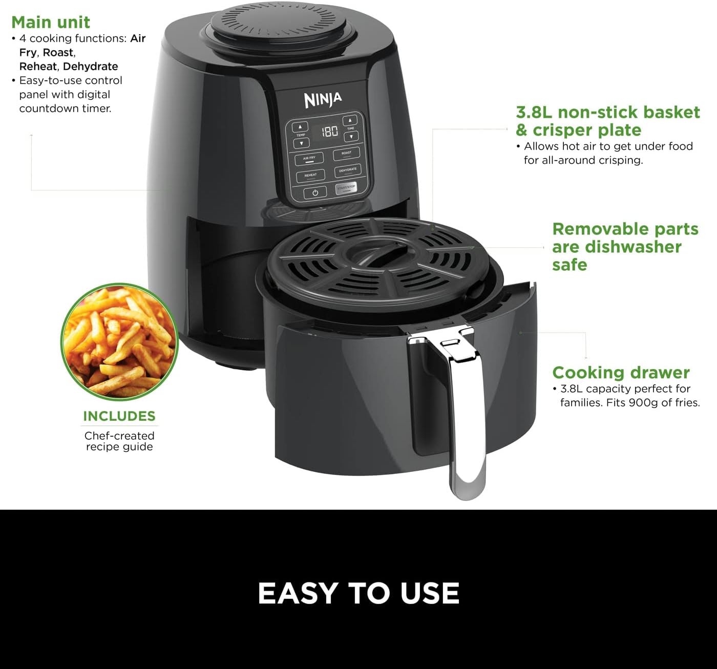 Ninja Air Fryer, 3.8L, 4-in-1, Uses No Oil, Air Fry, Roast, Reheat, Dehydrate, Non-Stick, Dishwasher Safe Basket, Cooks 2-4 Portions, Digital, Grey & Black, AF100UK