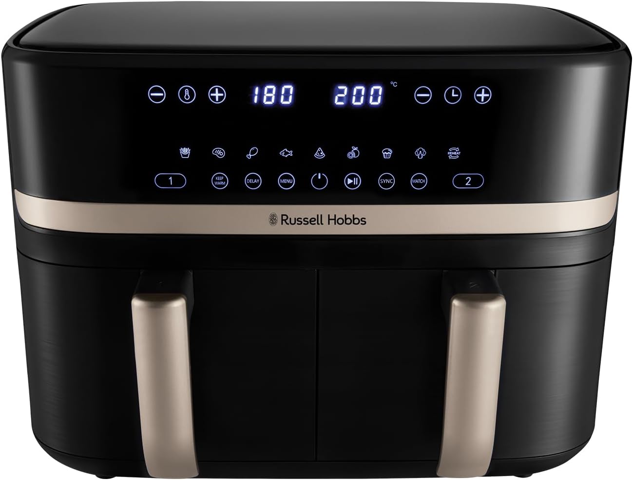 Russell Hobbs Dual Air Fryer 9L Rapid Airfryer [Dual Basket/Zone, Low-Noise, 9 Programs] satisfry (Dishwasher safe drawers, Max 200℃, Oil Free Cooking, Roast, Bake, Grill, Keep warm) 27680