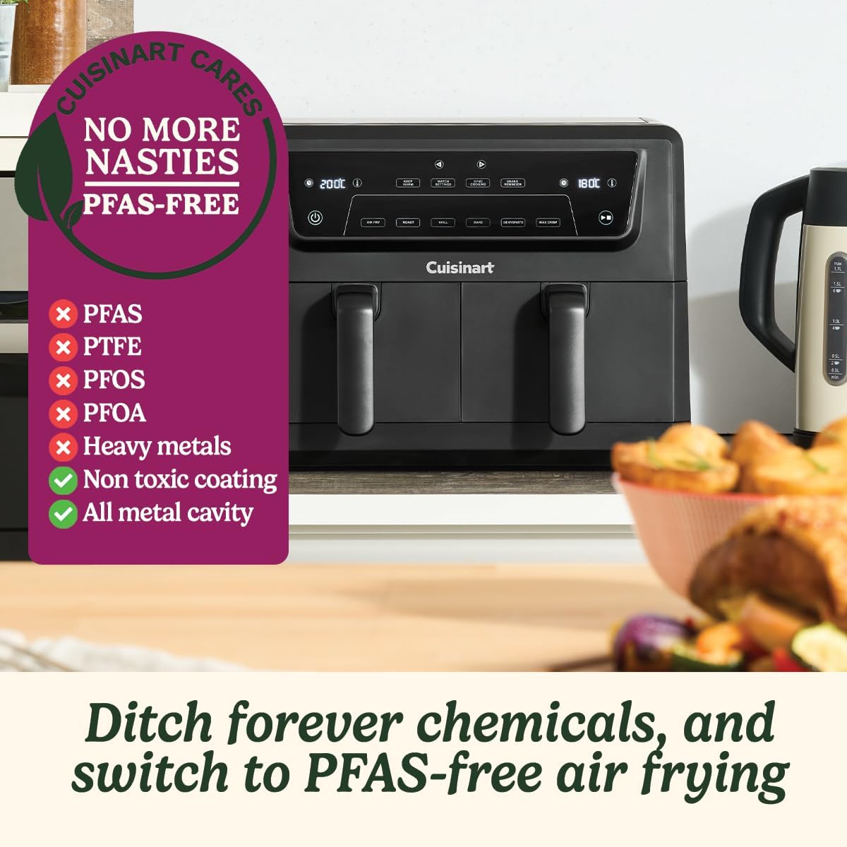 Cuisinart XXL10.4L Air Fryer with 2 x 5.2L Drawers |PFAS Free|Chemical-free cooking | Air Fry, Roast, Grill, Bake, Dehydrate, Max Crisp, Keep Warm | Dual Zones - cook 8+ portions|Dishwasher Safe