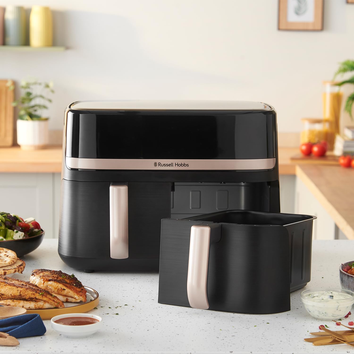 Russell Hobbs Dual Air Fryer 9L Rapid Airfryer [Dual Basket/Zone, Low-Noise, 9 Programs] satisfry (Dishwasher safe drawers, Max 200℃, Oil Free Cooking, Roast, Bake, Grill, Keep warm) 27680