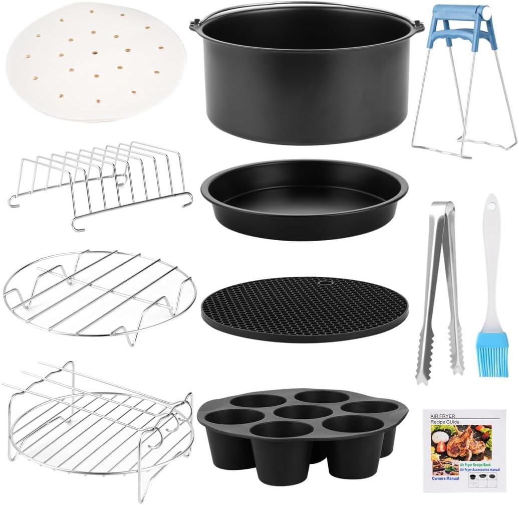 12-Piece 7 Fryer Add-On Set, Includes Cake Tin, Pizza Plate, Silicone Cupcake Mold, Cooking Tools & Metal Racks, Fits Most 3.5L to 4.1L Air Fryers
