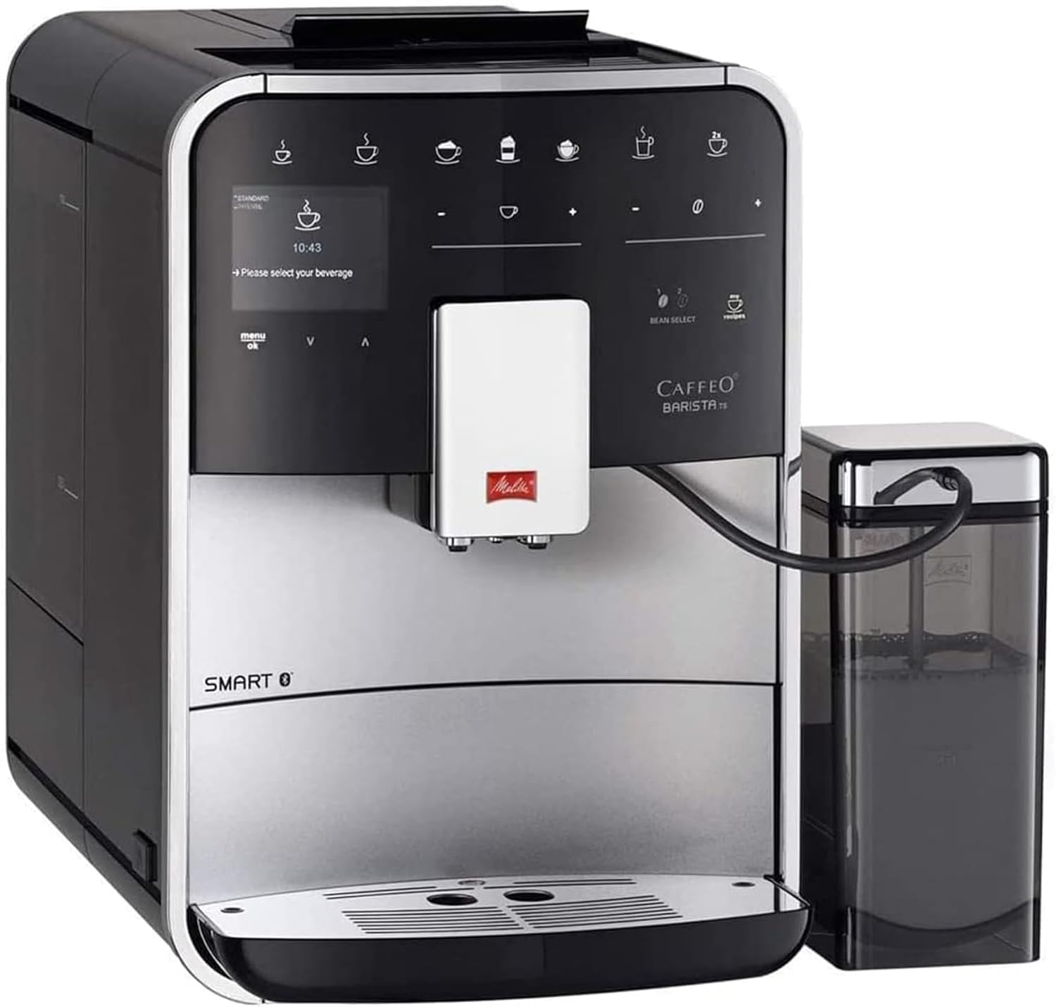 Melitta Integrated Bean to Cup Coffee Machine, TS SMART Model F85/0-101, Bluetooth connectivity, Melitta Connect App, Whisper Grinder (Quiet Mark), Silver