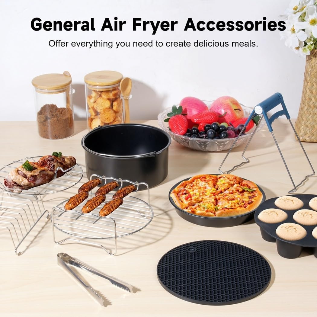 12-Piece 7 Fryer Add-On Set, Includes Cake Tin, Pizza Plate, Silicone Cupcake Mold, Cooking Tools & Metal Racks, Fits Most 3.5L to 4.1L Air Fryers
