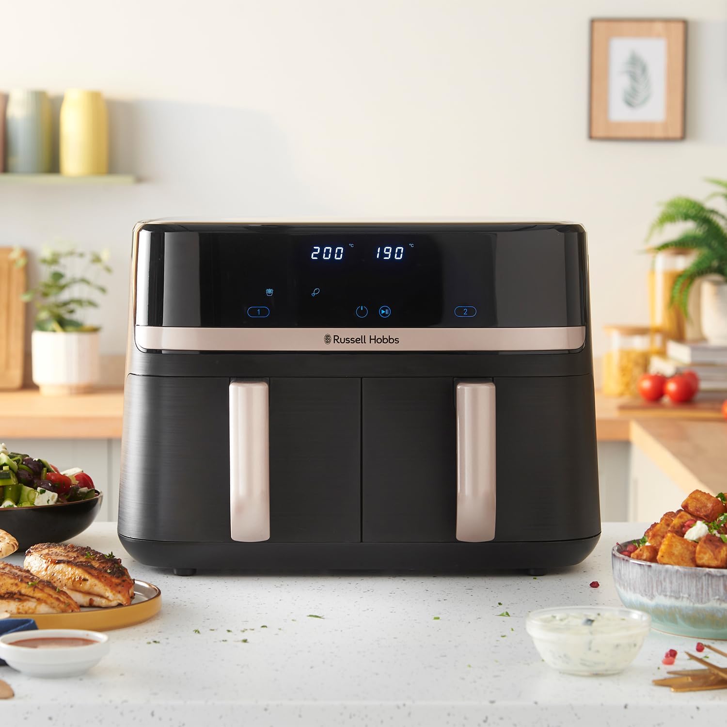 Russell Hobbs Dual Air Fryer 9L Rapid Airfryer [Dual Basket/Zone, Low-Noise, 9 Programs] satisfry (Dishwasher safe drawers, Max 200℃, Oil Free Cooking, Roast, Bake, Grill, Keep warm) 27680