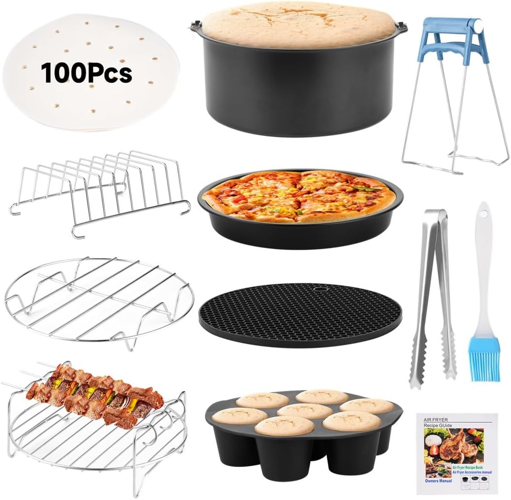 12-Piece 7 Fryer Add-On Set, Includes Cake Tin, Pizza Plate, Silicone Cupcake Mold, Cooking Tools & Metal Racks, Fits Most 3.5L to 4.1L Air Fryers