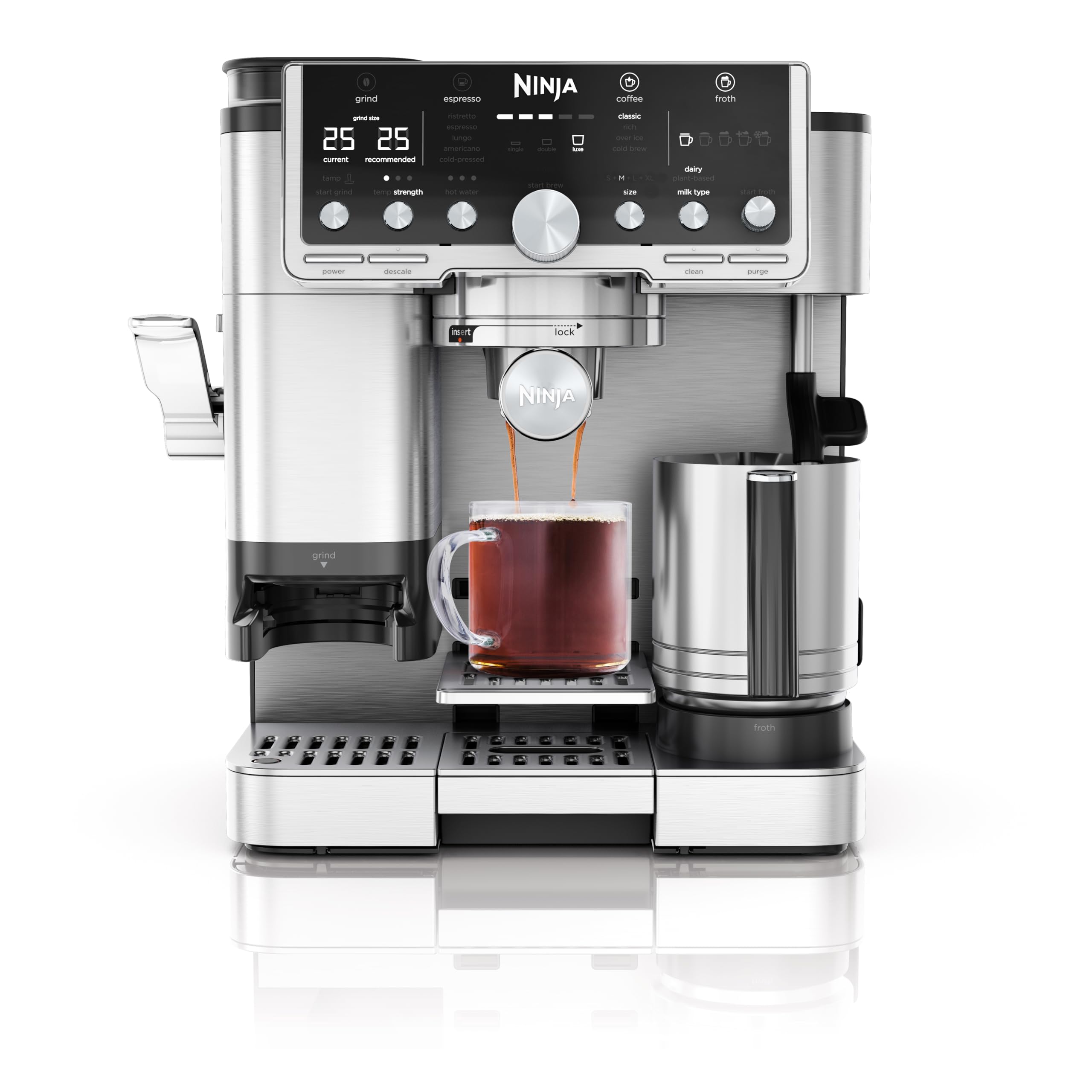 Ninja Luxe Premier 3-in-1 Coffee Machine, Latte, Cappuccino, Cold Brew & Espresso Maker With Built in Bean Grinder & Milk Frother, Easy to Use, 4 Automated Froth Presets, Silver, ES601UK
