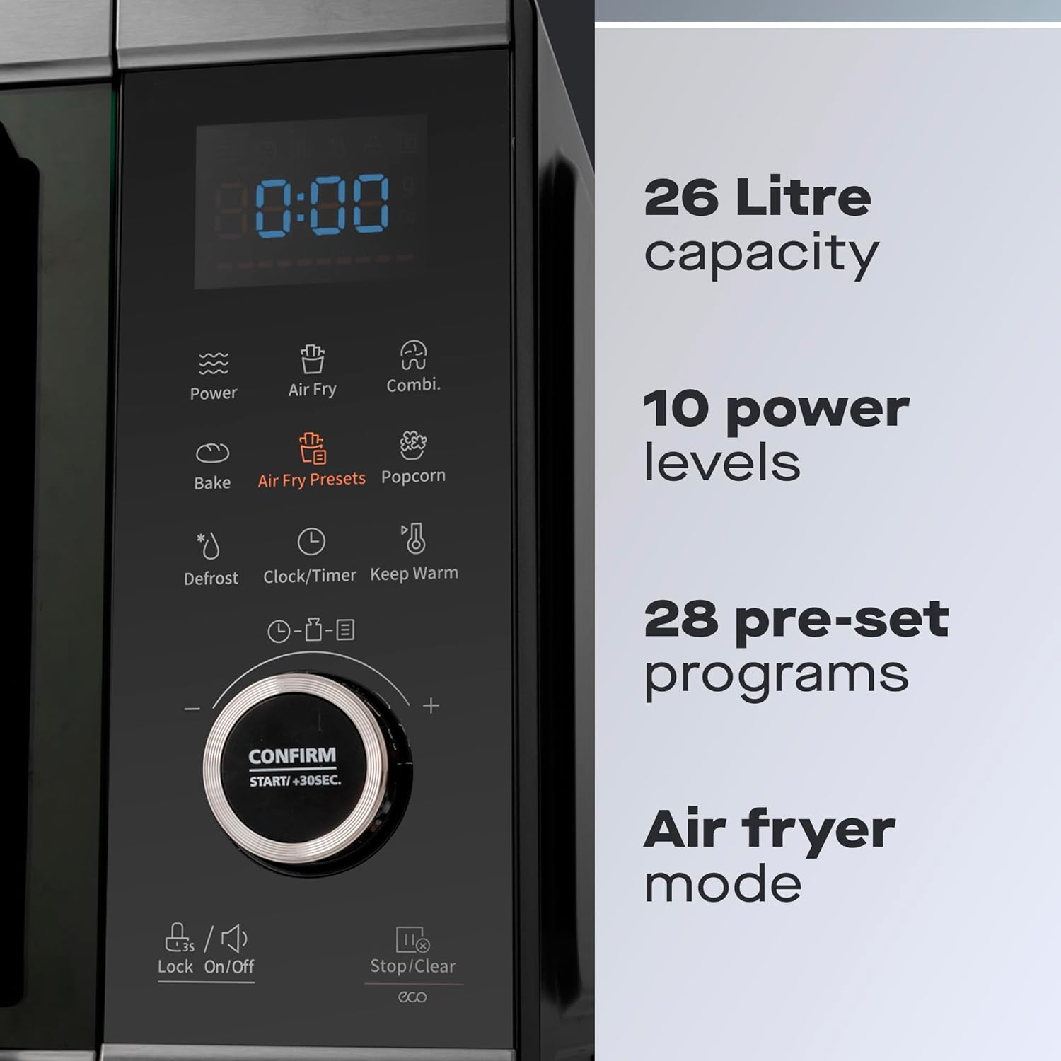 Daewoo Actuate 26L 5-in-1 Air Fryer Microwave Oven – 2400W Combination Oven with Grill, Bake, Reheat, Defrost – One Touch Cooking, Accessories Included, Space-Saving Kitchen Appliance – Black