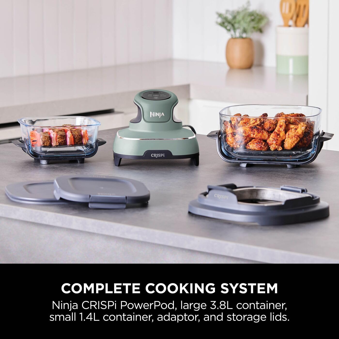 Ninja CRISPi Portable Air Fryer, 3.8L, 4-in-1: Air Fry, Roast, Keep Warm, Recrisp, Space Saving Compact Design, 2x Removable Glass Containers & Lids, 1700W, Sage FN101UKSG