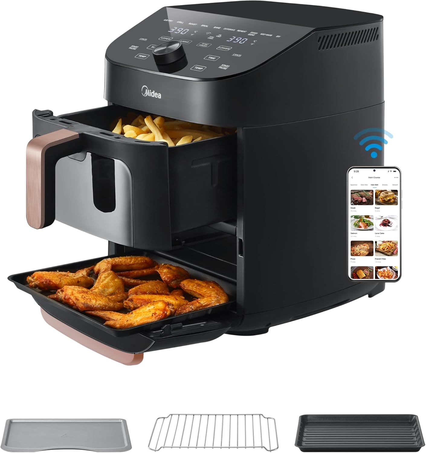 Midea 11L Dual Zone Air Fryer Oven with Wi-Fi & Alexa - 2 Independent Drawers, Visible Window, 10-in-1 Functions, Max Crisp Technology, Smart Sync Finish, Oil-Free Cooking, 2400W (Black/Rose Gold)