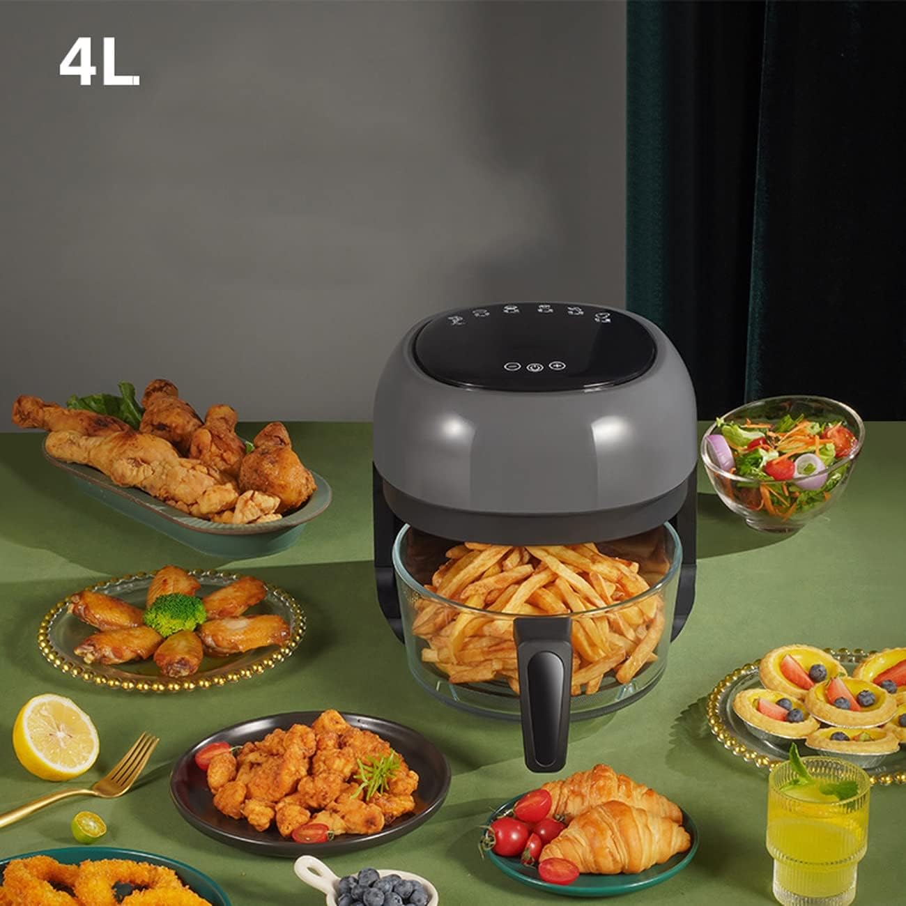 Air Fryer - 4L/3.6QT Multifunction Digital Touch Screen Electric Hot Oven Oilless Cooker, 60min Timing, 1200W Glass Bowl Air Fryer with 6 Presets, Visualization Window