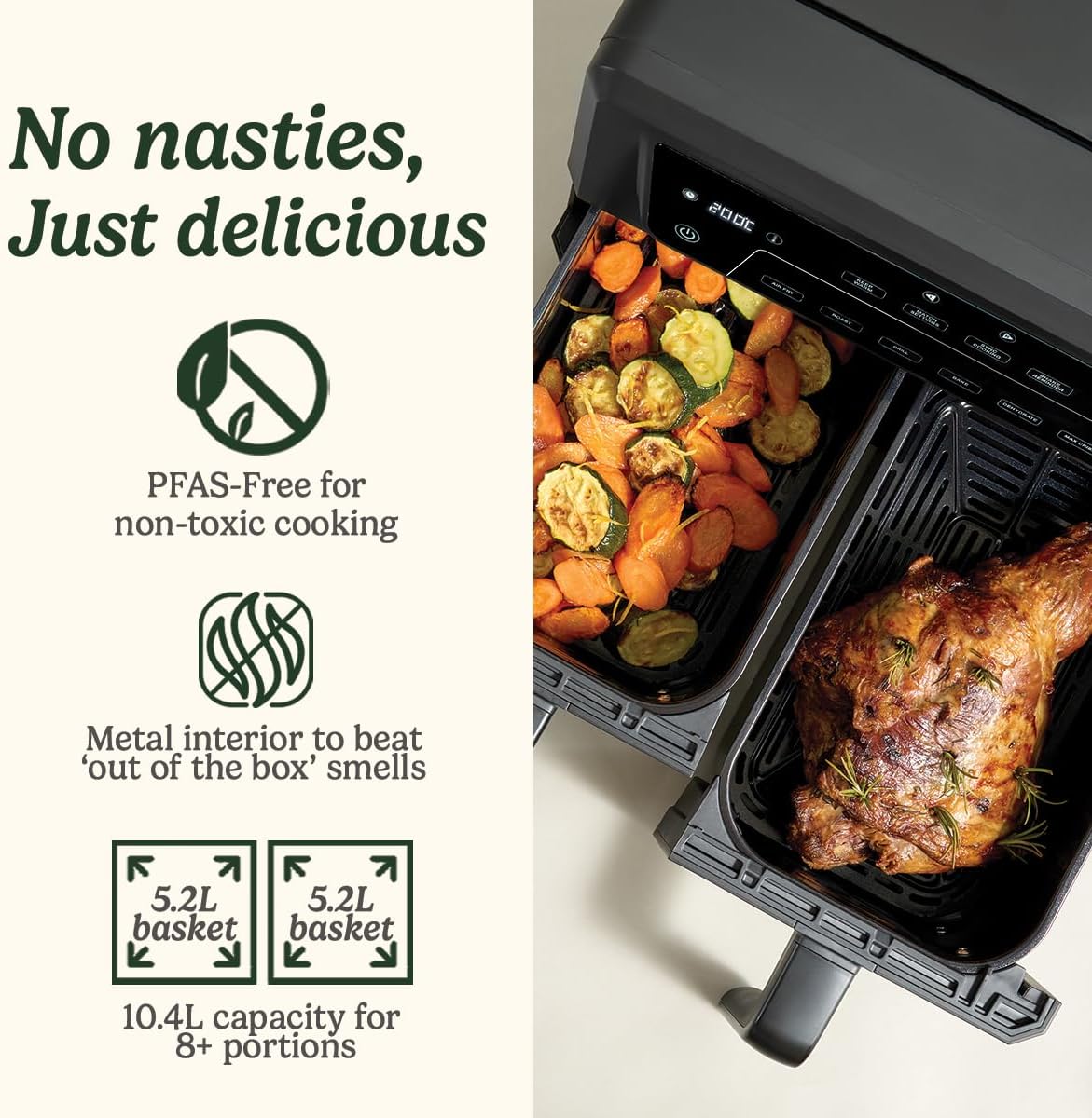 Cuisinart XXL10.4L Air Fryer with 2 x 5.2L Drawers |PFAS Free|Chemical-free cooking | Air Fry, Roast, Grill, Bake, Dehydrate, Max Crisp, Keep Warm | Dual Zones - cook 8+ portions|Dishwasher Safe
