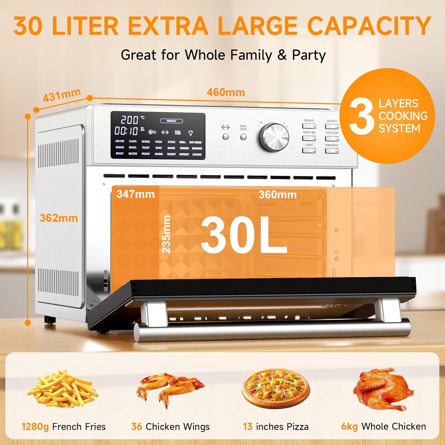 30L Air Fryer Oven With Rotisserie, 1800W & 21 Preset Mode Countertop Convection Mini Oven with Digital LCD Display, Timer & Temperature Control for Cooking, Double Glass Door, Full Accessory Set