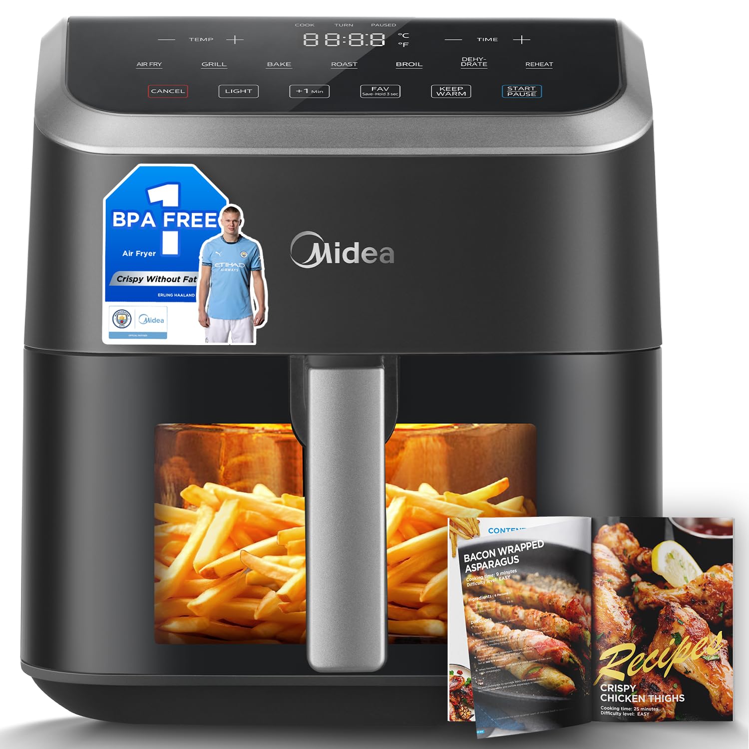 Midea Large Air Fryer with See-Thru Window, 8.5 L, 8-in-1, Heatexpress Rapid Air Technology, Uses No Oil, Max Crisp, Non-Stick, Flexible Heating +1 Minute Button, Dishwasher Safe, Black