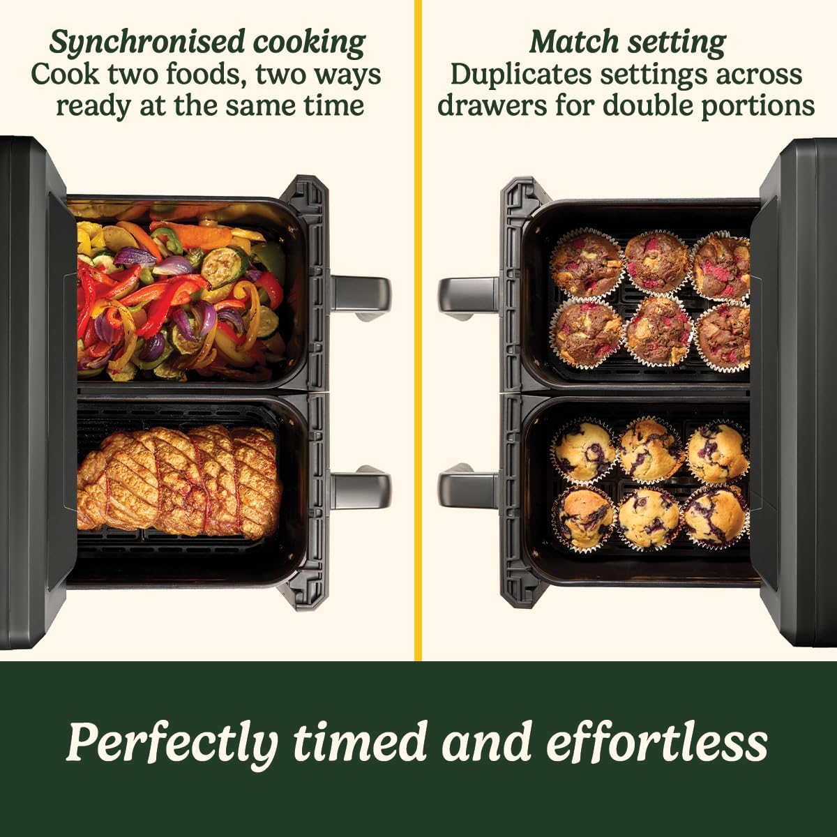 Cuisinart XXL10.4L Air Fryer with 2 x 5.2L Drawers |PFAS Free|Chemical-free cooking | Air Fry, Roast, Grill, Bake, Dehydrate, Max Crisp, Keep Warm | Dual Zones - cook 8+ portions|Dishwasher Safe