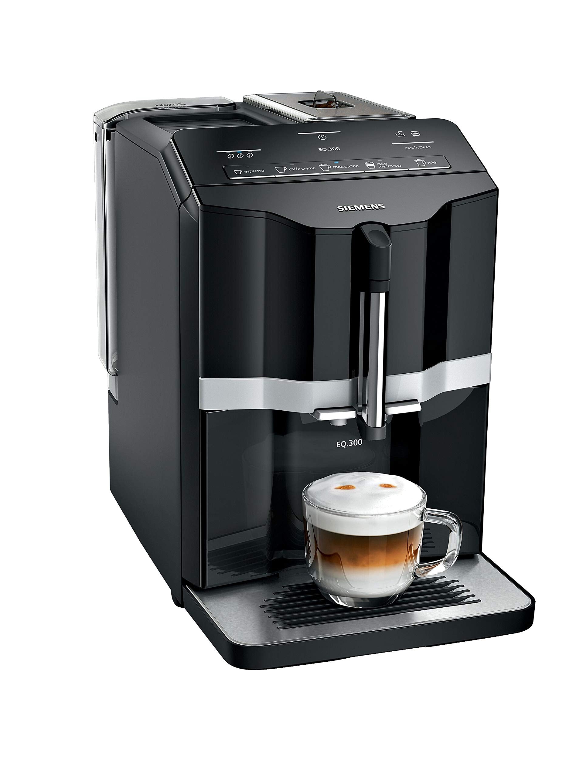 SIEMENS EQ300 Fully Automatic Bean to Cup Espresso Coffee Machine with milk frother arm, oneTouch Function, 4 coffee beverages, 3 coffee strengths, TF301G19, Piano Black