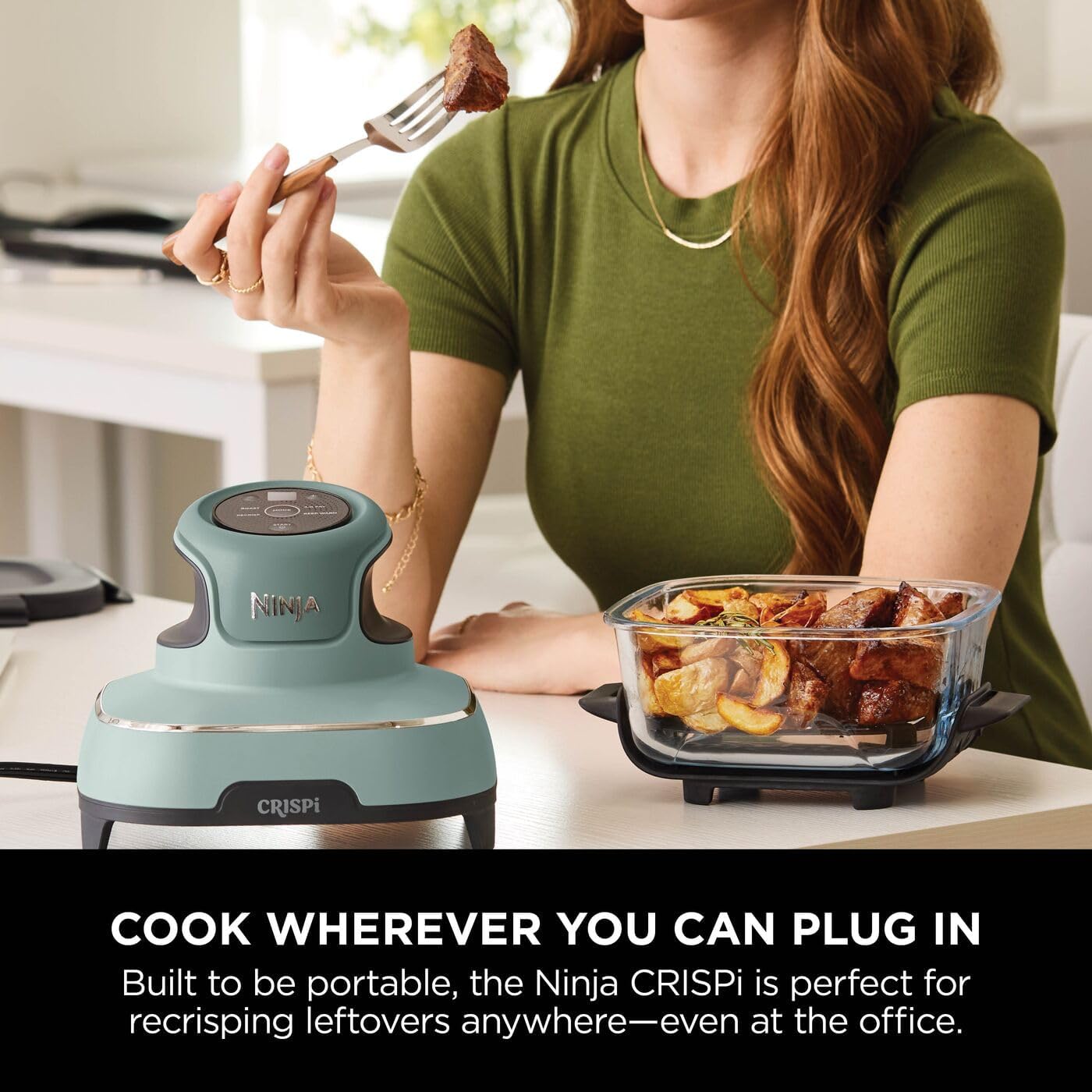 Ninja CRISPi Portable Air Fryer, 3.8L, 4-in-1: Air Fry, Roast, Keep Warm, Recrisp, Space Saving Compact Design, 2x Removable Glass Containers & Lids, 1700W, Sage FN101UKSG