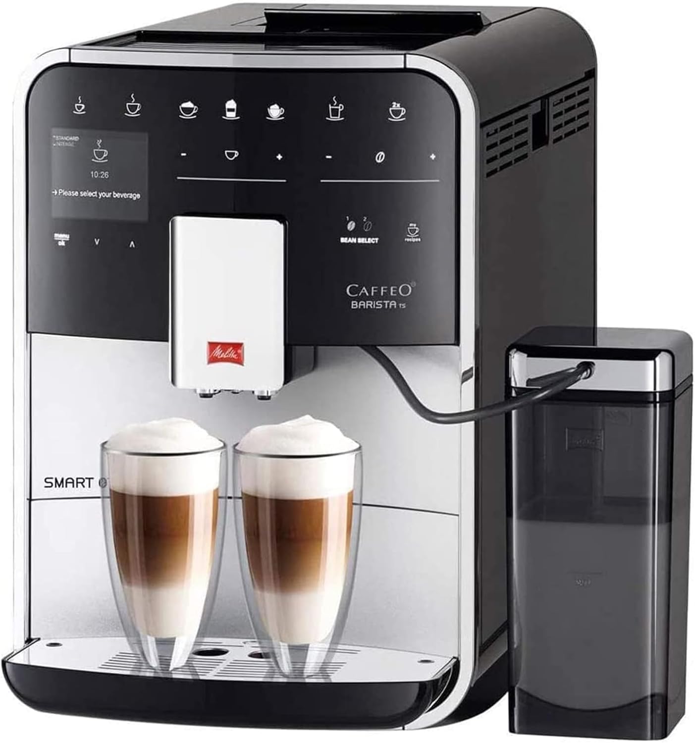 Melitta Integrated Bean to Cup Coffee Machine, TS SMART Model F85/0-101, Bluetooth connectivity, Melitta Connect App, Whisper Grinder (Quiet Mark), Silver