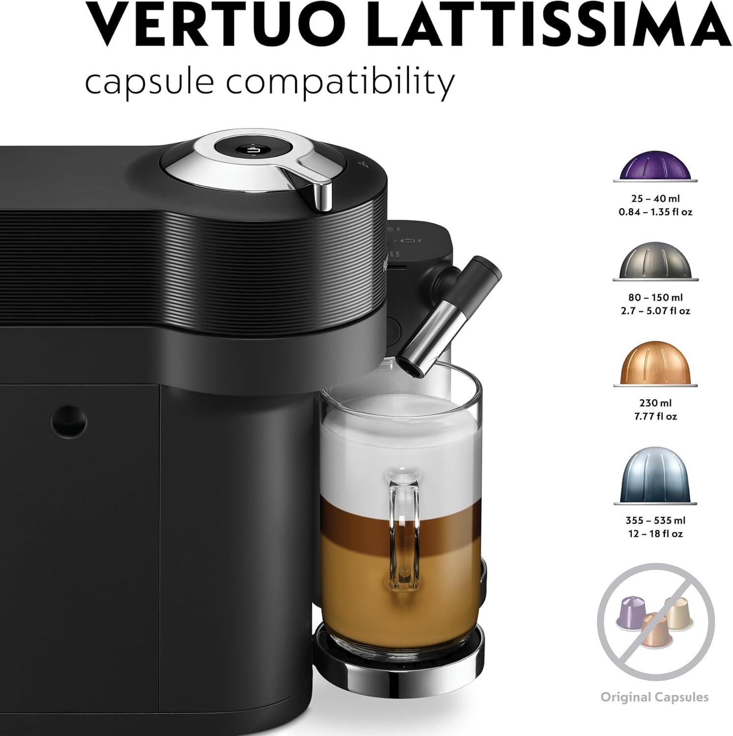 Nespresso Vertuo Lattissima Coffee Machine by De'Longhi for Vertuo Coffee Pods, Latte, Cappuccino, Integrated Milk Frother, Starter Capsule Set Included, ENV300.B, Black