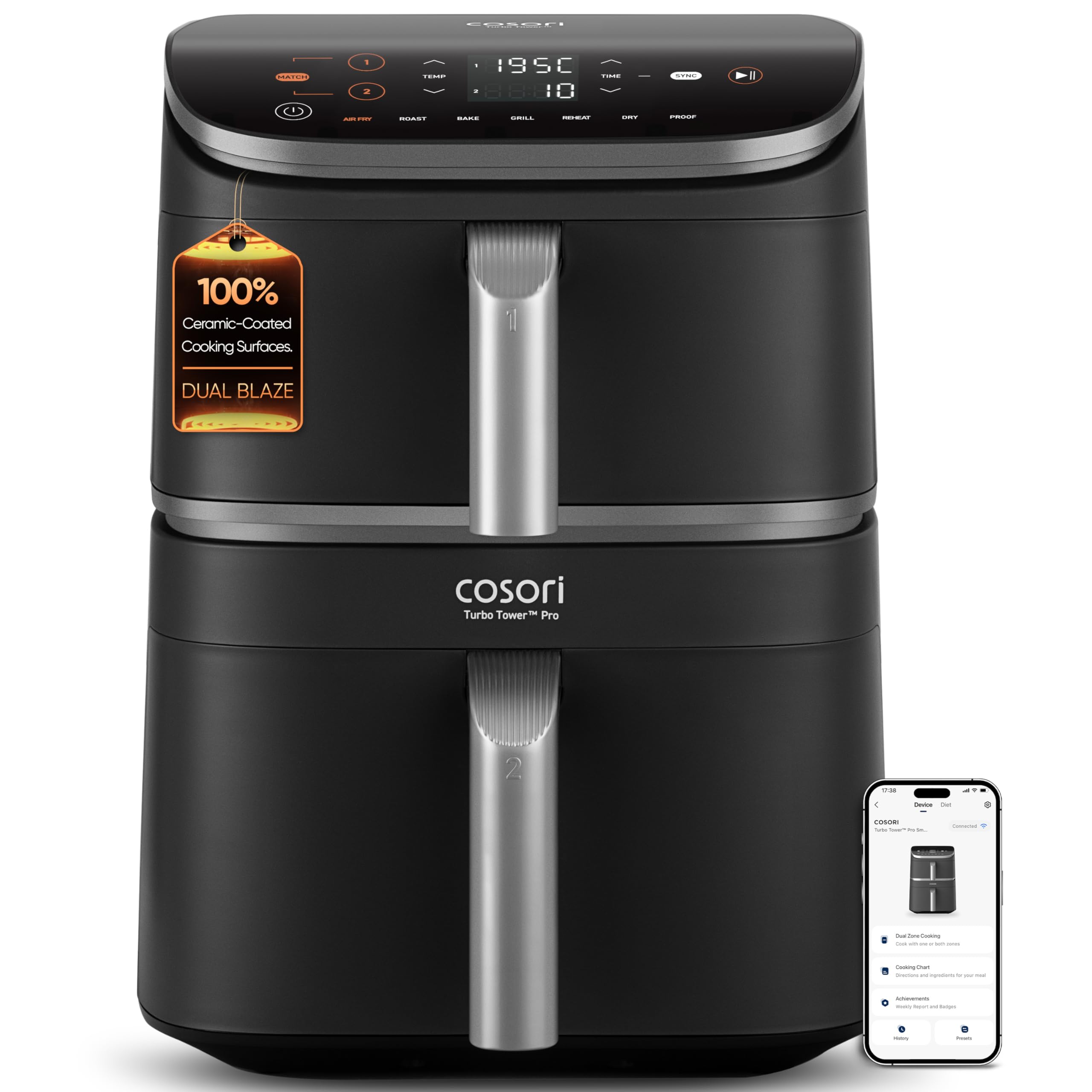 COSORI Air Fryer TurboBlaze, 6L Compact Design, 9 Functions with 5 Auto Fan Speeds Airflow System, Fast and Energy Saving, 30℃ to 230℃, Quiet, 110+ Recipes, Oil Free, Non-stick, Dishwasher Safe