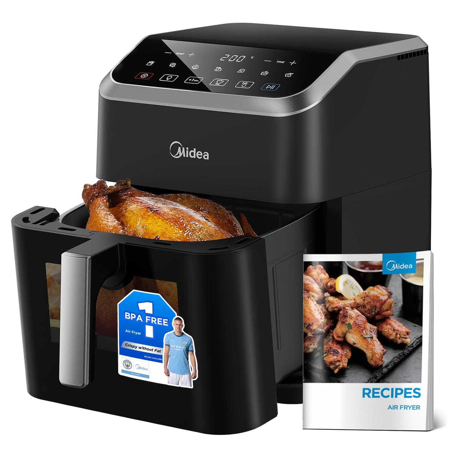 Midea 11L Dual Zone Air Fryer Oven with Wi-Fi & Alexa - 2 Independent Drawers, Visible Window, 10-in-1 Functions, Max Crisp Technology, Smart Sync Finish, Oil-Free Cooking, 2400W (Black/Rose Gold)