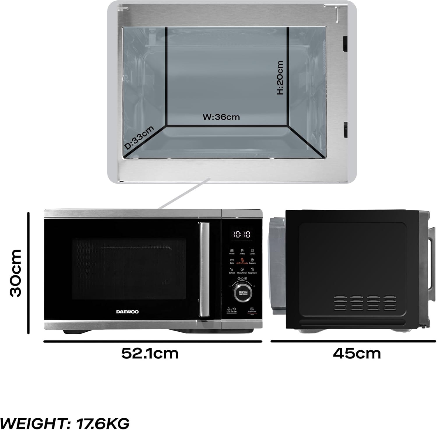 Daewoo Actuate 26L 5-in-1 Air Fryer Microwave Oven – 2400W Combination Oven with Grill, Bake, Reheat, Defrost – One Touch Cooking, Accessories Included, Space-Saving Kitchen Appliance – Black