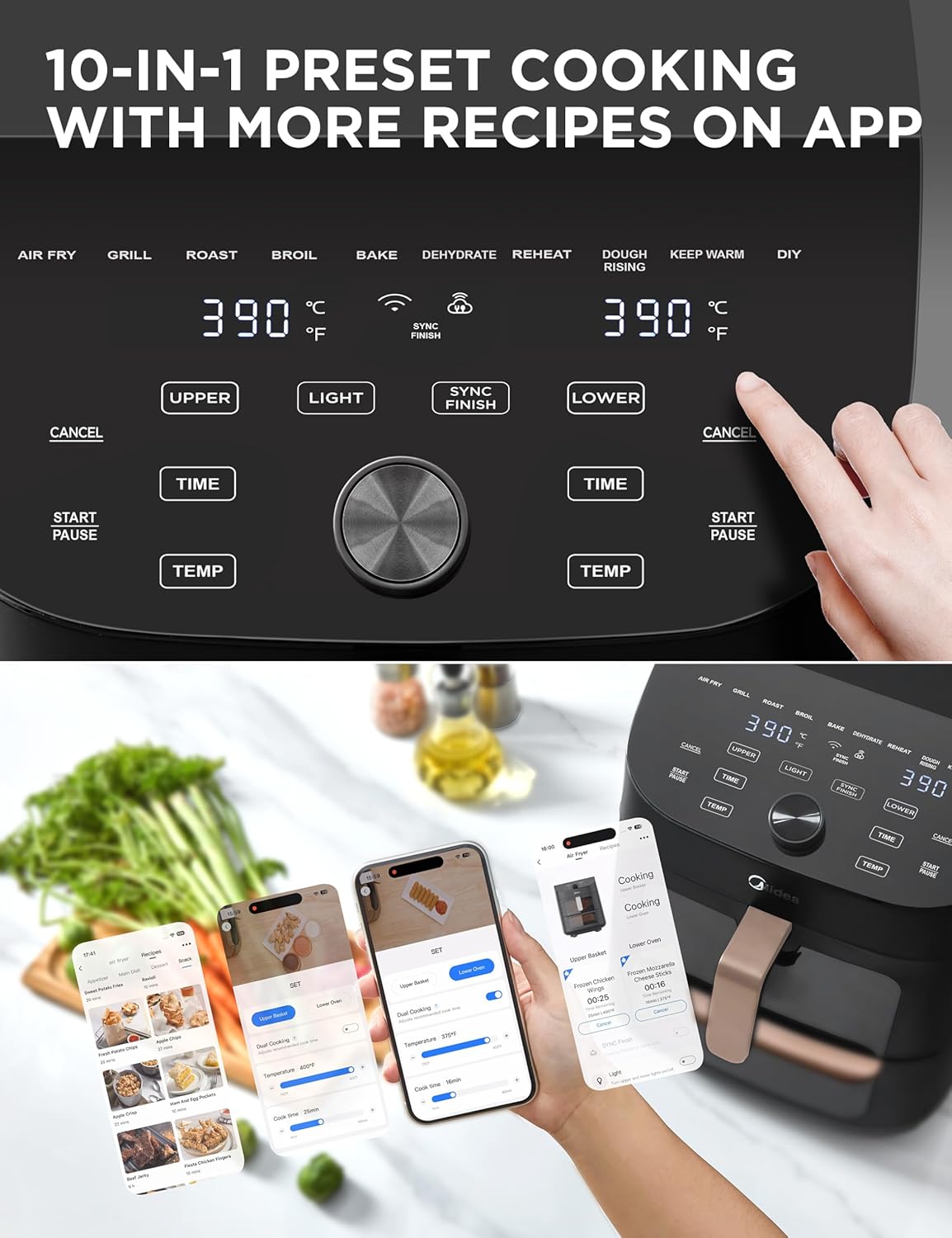 Midea 11L Dual Zone Air Fryer Oven with Wi-Fi & Alexa - 2 Independent Drawers, Visible Window, 10-in-1 Functions, Max Crisp Technology, Smart Sync Finish, Oil-Free Cooking, 2400W (Black/Rose Gold)