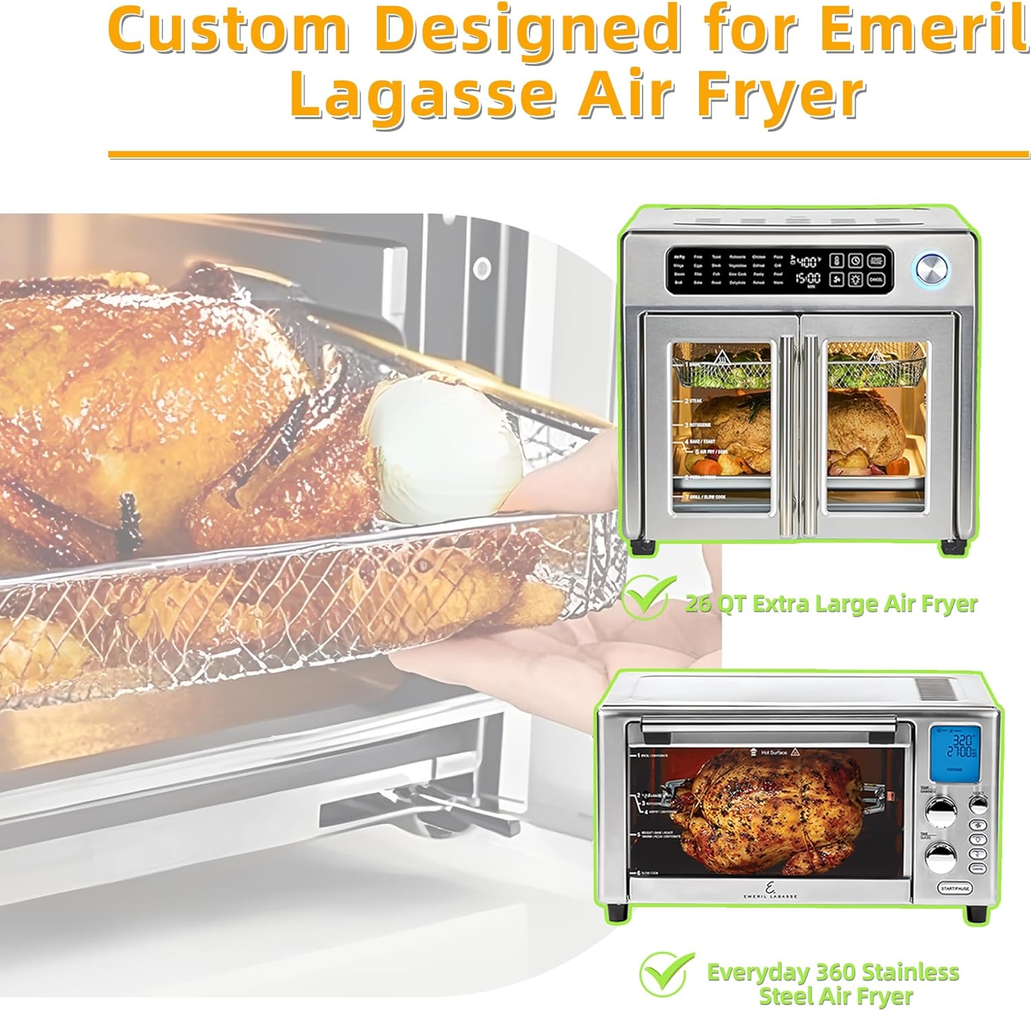 Air Fryer Accessories for Emeril Lagasse 26 Qt Extra Large, Emeril Lagasse Air Fryer Basket and Pans for Oven with 100Pcs Disposable Parchment Paper, 4Pcs Reusable Teflon Mat