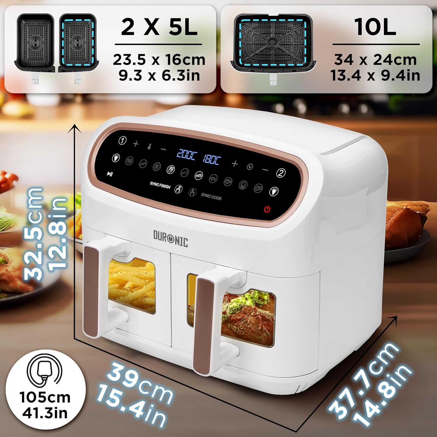 Duronic XXL Air Fryer AF34 WE 10L Digital Family Size Air Fryers Oil Free Triple Drawers 10in1 Dual Zone Extra Large AirFryer for Family Cooking with Dishwasher Safe Non-Stick Baskets White