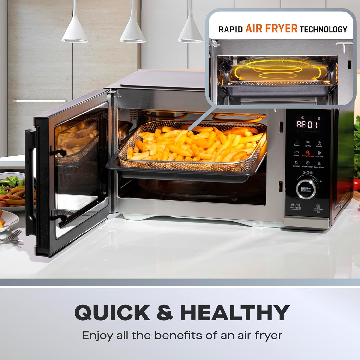 Daewoo Actuate 26L 5-in-1 Air Fryer Microwave Oven – 2400W Combination Oven with Grill, Bake, Reheat, Defrost – One Touch Cooking, Accessories Included, Space-Saving Kitchen Appliance – Black