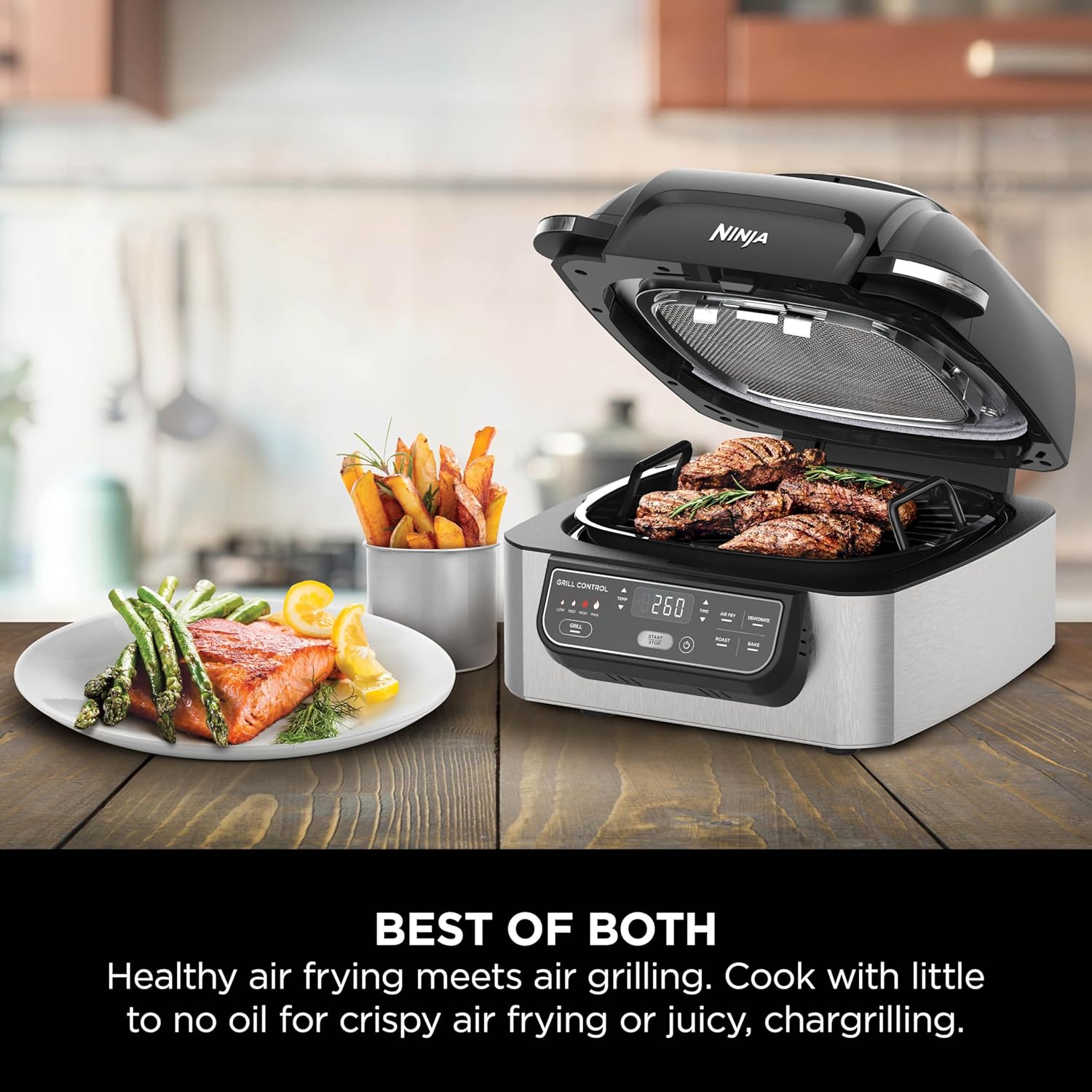 Ninja Foodi Health Grill & Air Fryer 5.7L with Cyclonic Air Technology, 5-in-1, Air Fry, Grill, Bake, Roast, Dehydrate, Dishwasher Safe Parts, Cleaning Brush, Black/Silver AG301UK