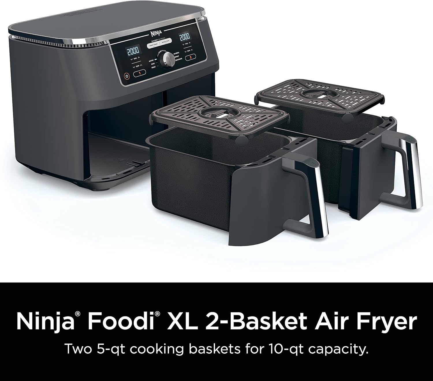 Ninja DZ401 Foodi 10 Quart 6-in-1 DualZone XL 2-Basket Air Fryer with 2 Independent Frying Baskets, Match Cook & Smart Finish to Roast, Broil, Dehydrate & More for Quick, Easy Family-Sized Meals, Grey