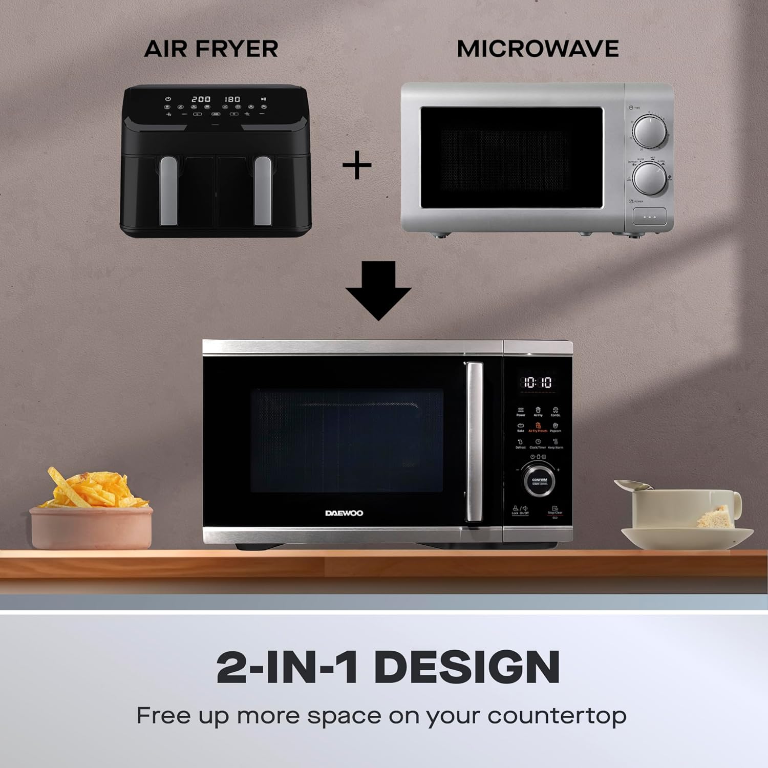 Daewoo Actuate 26L 5-in-1 Air Fryer Microwave Oven – 2400W Combination Oven with Grill, Bake, Reheat, Defrost – One Touch Cooking, Accessories Included, Space-Saving Kitchen Appliance – Black