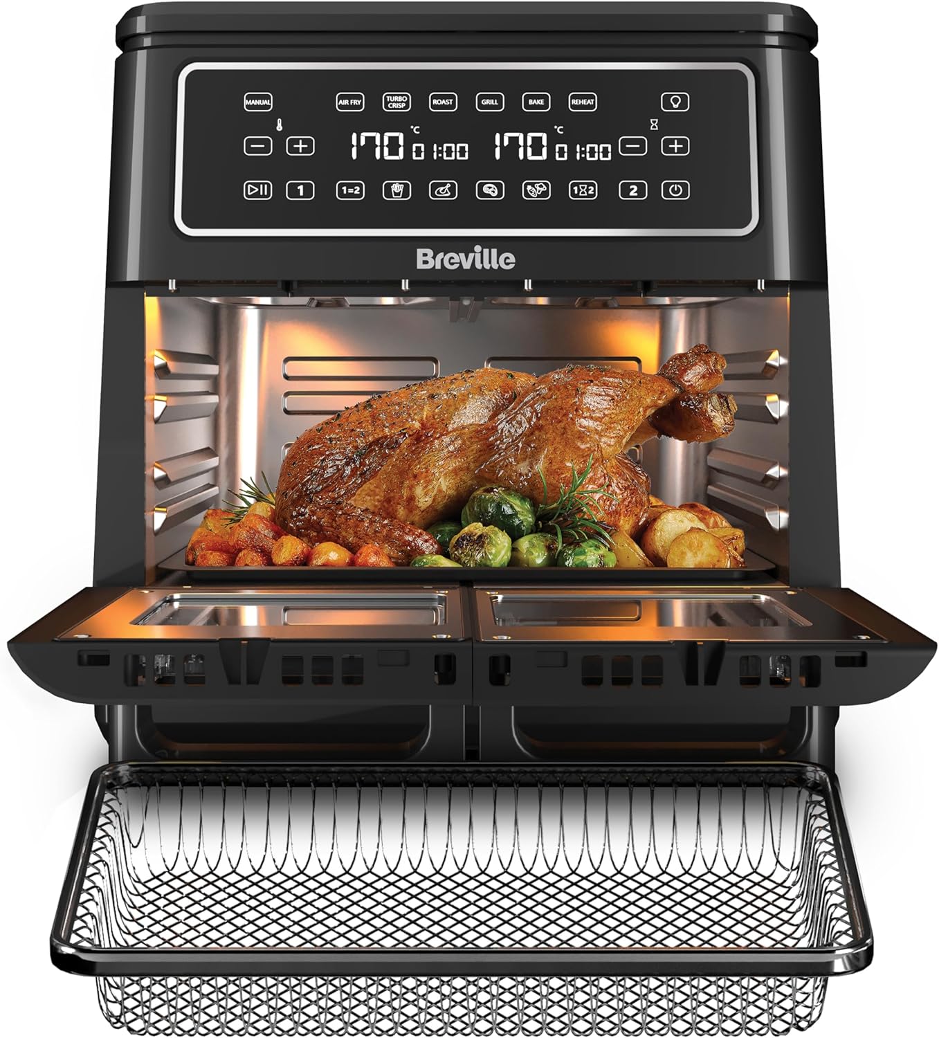 Breville Halo Flexi Air Fryer & Large Mesh Tray | Digital Dual Air Fryer Oven | 11L: Serves 10+ | Fry, Bake, Grill, Roast & Reheat | 2400 W | Save £65 a Year on Energy Bills* | Black [VDF138]