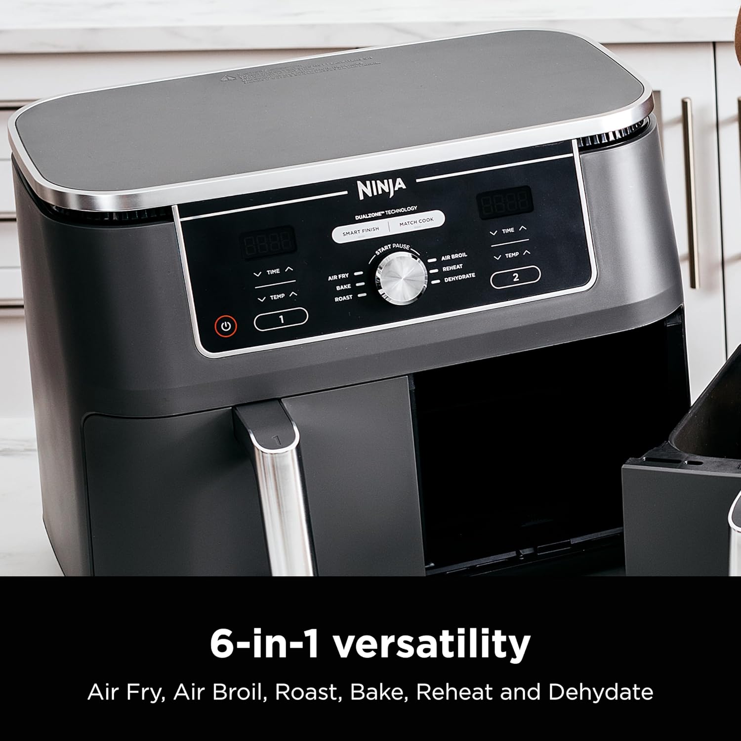 Ninja DZ401 Foodi 10 Quart 6-in-1 DualZone XL 2-Basket Air Fryer with 2 Independent Frying Baskets, Match Cook & Smart Finish to Roast, Broil, Dehydrate & More for Quick, Easy Family-Sized Meals, Grey