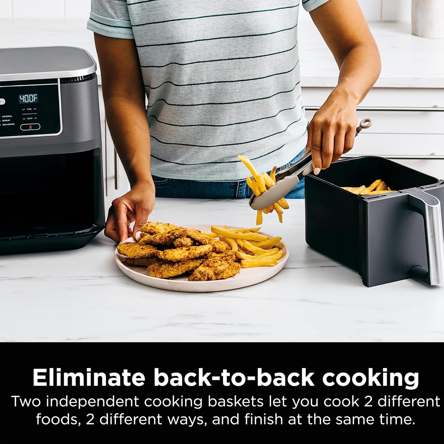 Ninja DZ401 Foodi 10 Quart 6-in-1 DualZone XL 2-Basket Air Fryer with 2 Independent Frying Baskets, Match Cook & Smart Finish to Roast, Broil, Dehydrate & More for Quick, Easy Family-Sized Meals, Grey