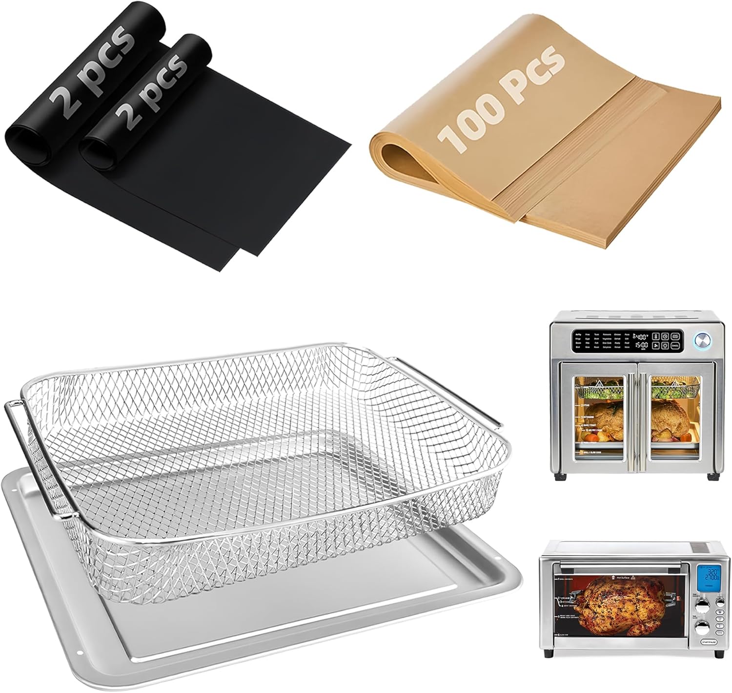 Air Fryer Accessories for Emeril Lagasse 26 Qt Extra Large, Emeril Lagasse Air Fryer Basket and Pans for Oven with 100Pcs Disposable Parchment Paper, 4Pcs Reusable Teflon Mat