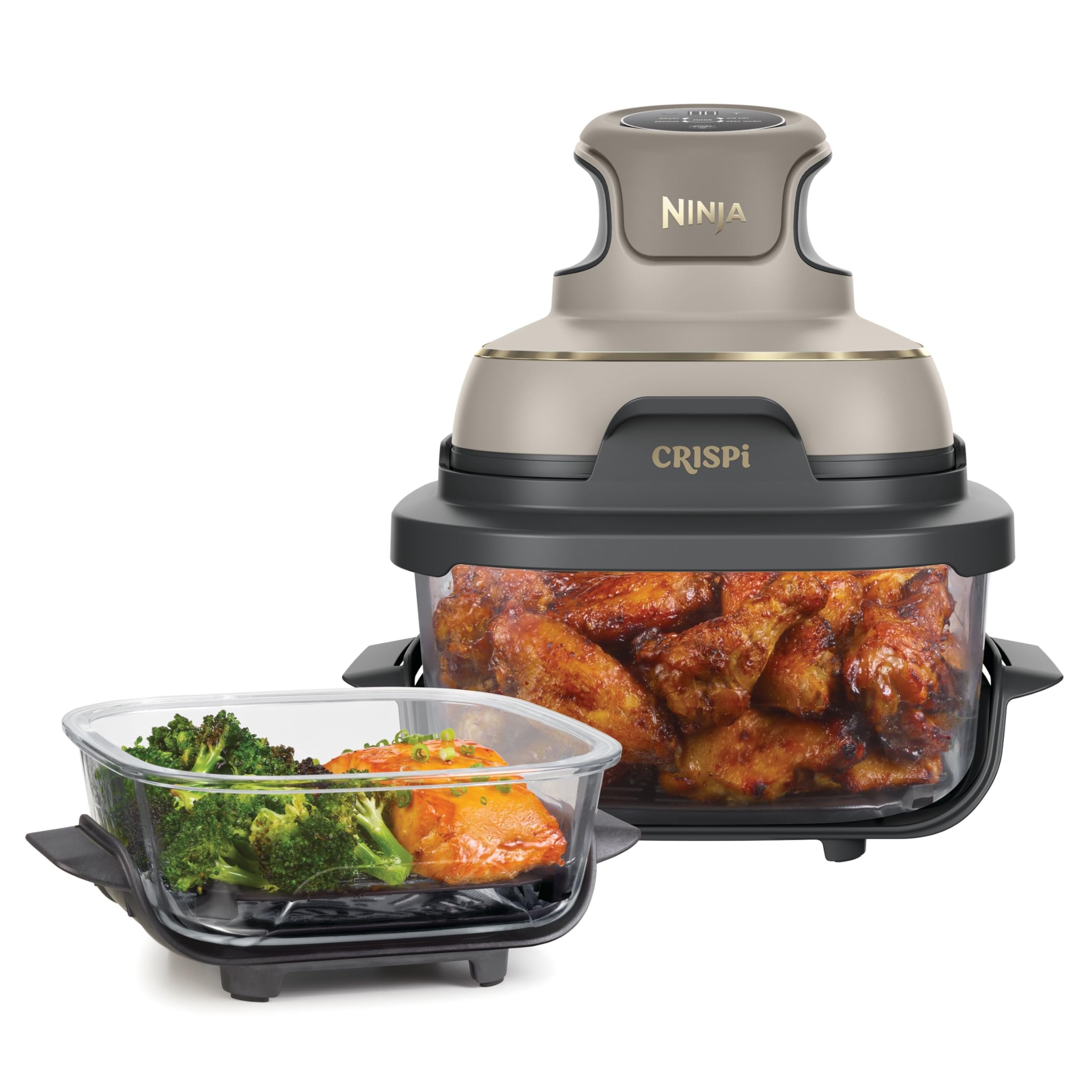 Ninja CRISPi Portable Air Fryer, 3.8L, 4-in-1: Air Fry, Roast, Keep Warm, Recrisp, Space Saving Compact Design, 2x Removable Glass Containers & Lids, 1700W, Sage FN101UKSG