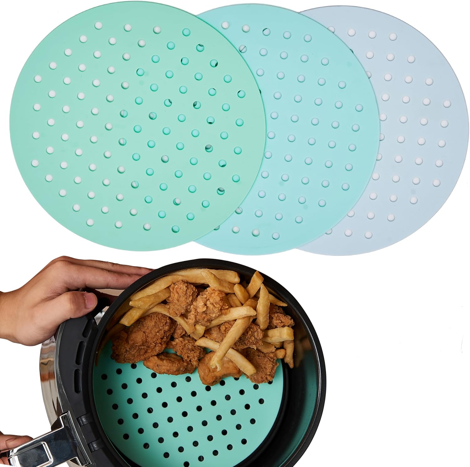 7.5 in round - Reusable Air Fryer Silicone Liners - Pack of 3 Round & Flexible Air Fryer Liner Mats for Ninja AF101 4QT, Non Stick Non Slip & Waterproof Silicone Fryer Tray for Oven