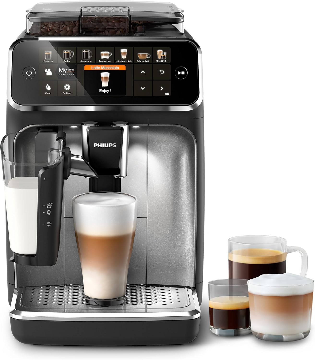 Philips 5400 Series Bean to Cup Coffee Machine – 12 Coffee Varieties, LatteGo Milk Frother, Fastest-to-Clean, Ceramic Grinder, Fully Automatic Espresso & Cappuccino maker – Black, Silver (EP5446/70)