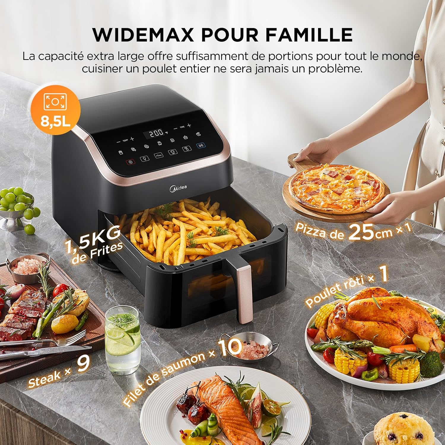 Midea Large Air Fryer with See-Thru Window, 8.5 L, 8-in-1, Heatexpress Rapid Air Technology, Uses No Oil, Max Crisp, Non-Stick, Flexible Heating +1 Minute Button, Dishwasher Safe, Black