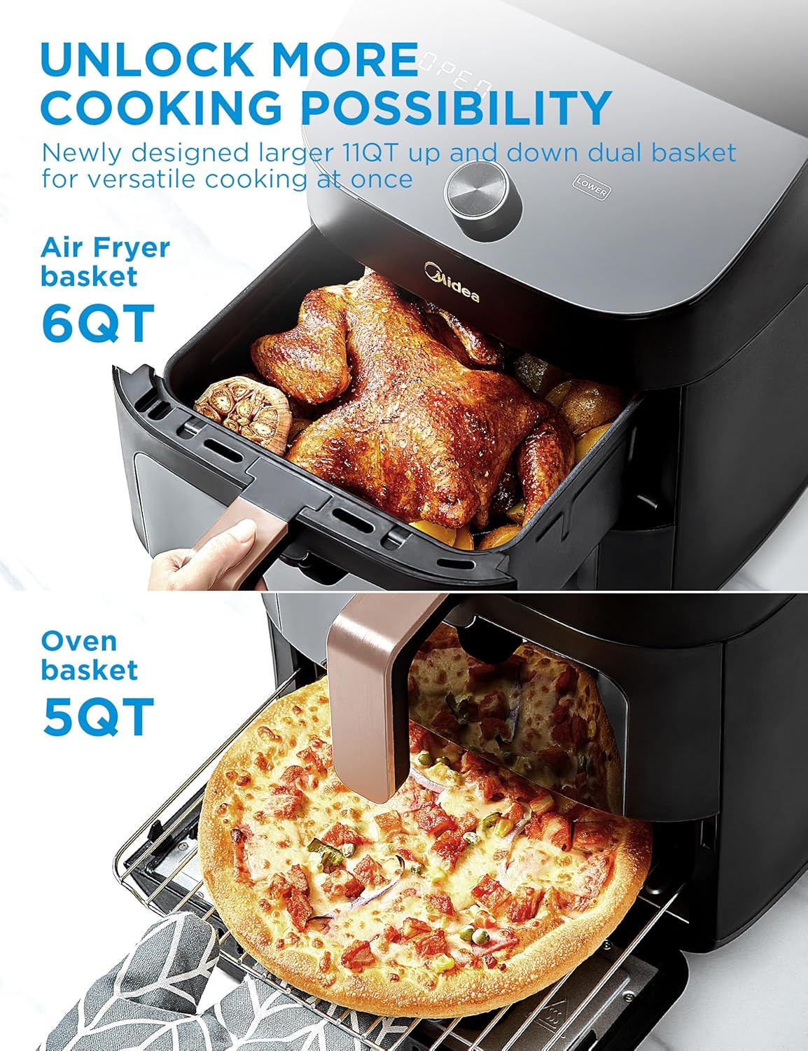 Midea 11L Dual Zone Air Fryer Oven with Wi-Fi & Alexa - 2 Independent Drawers, Visible Window, 10-in-1 Functions, Max Crisp Technology, Smart Sync Finish, Oil-Free Cooking, 2400W (Black/Rose Gold)