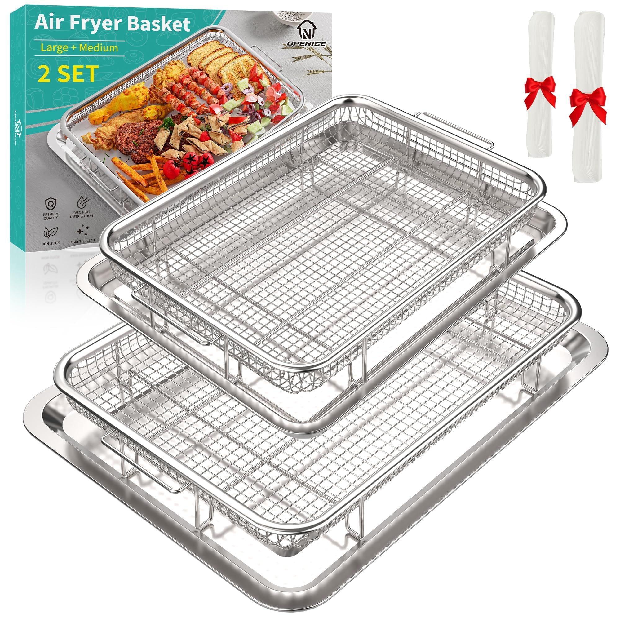 Air Fryer Basket, OPENICE 2 Set Air Fryer Pan and Crisper Tray for Oven, Non-stick Oven Air Fryer Basket for Baking and Crispy Foods - Black